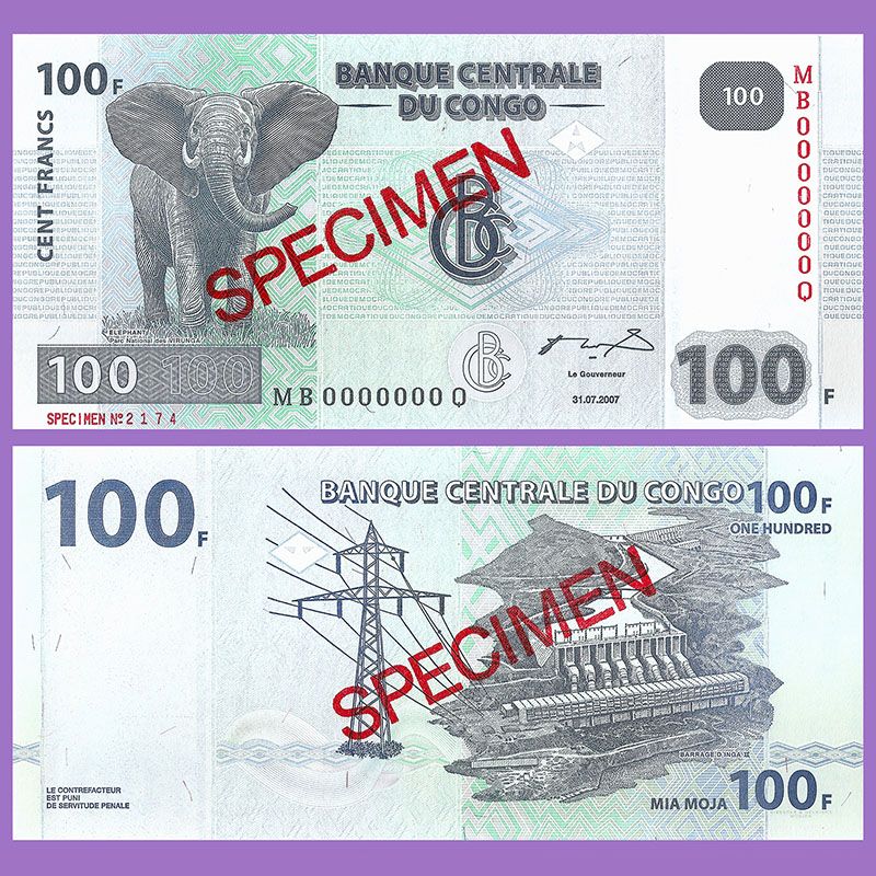 Congo democrático - Billete espécimen 100 Francos 2007
