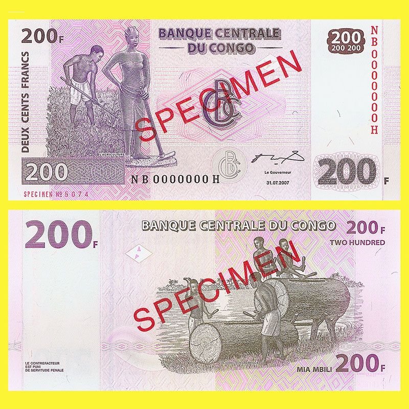 Congo democratic - Specimen banknote 200 Francs 2007