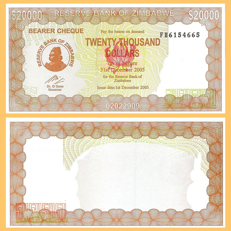 Zimbabwe - Banknote 20,000 Dollars 2003 (bearer cheque)