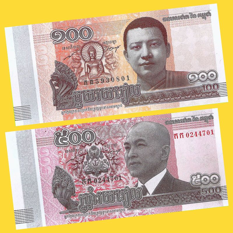 Camboya - Lote billetes 100 y 500 Riels 2014